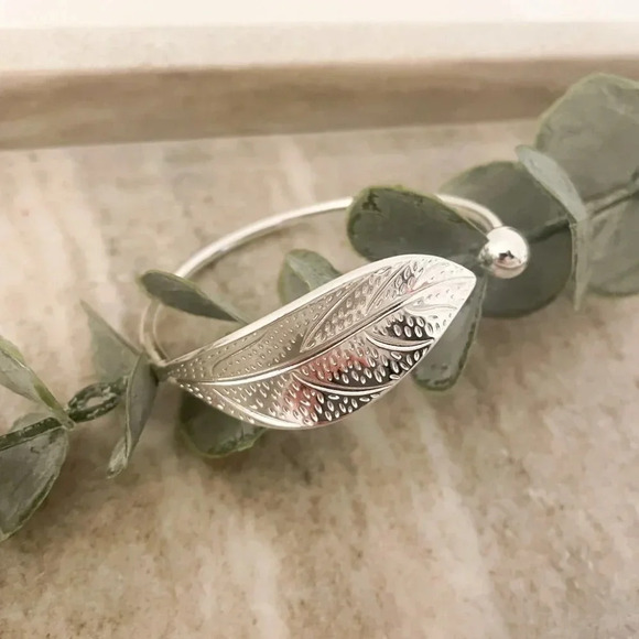 925 Sterling Silver Leaf Bracelet Adjustable Bangle Cuff Statement Bracelet - Picture 3 of 6